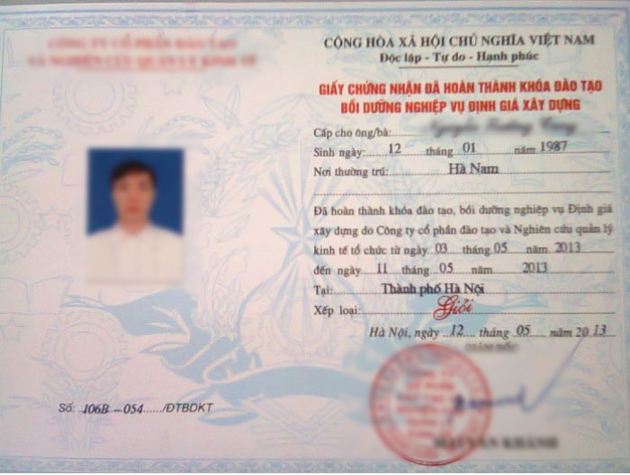 chứng chỉ định giá xây dựng